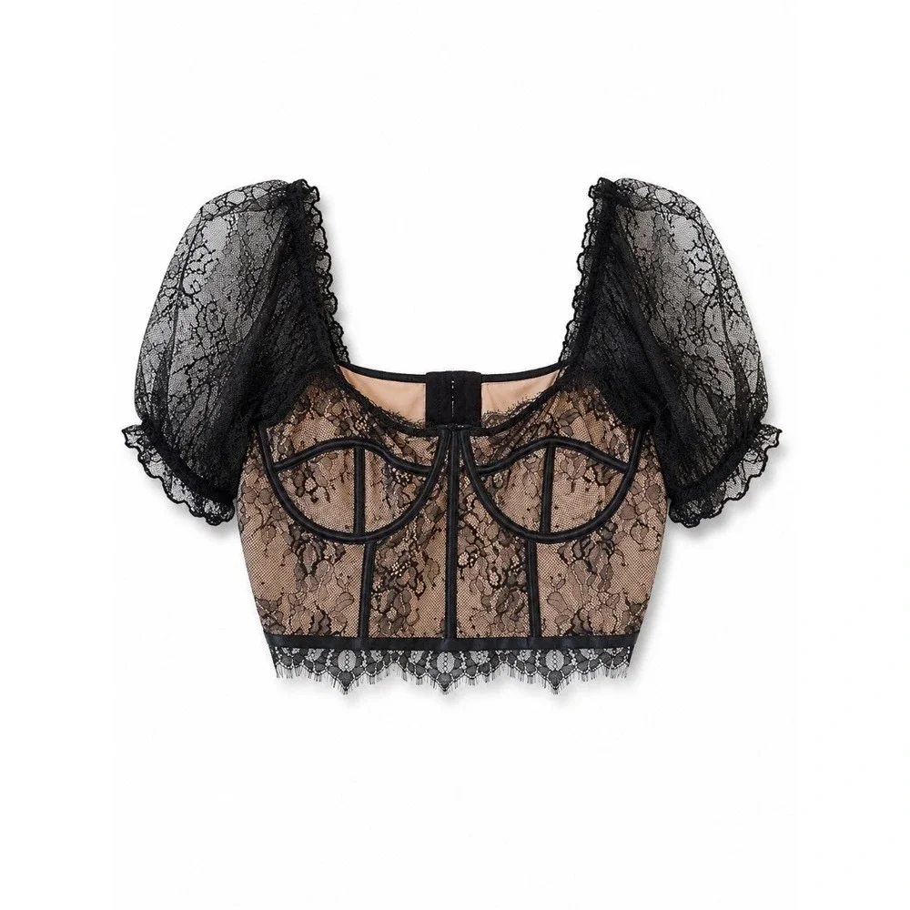 SHEIN Curve Plus Size Black Lace Corset Bustier Crop Top Puff Sleeve 1XL